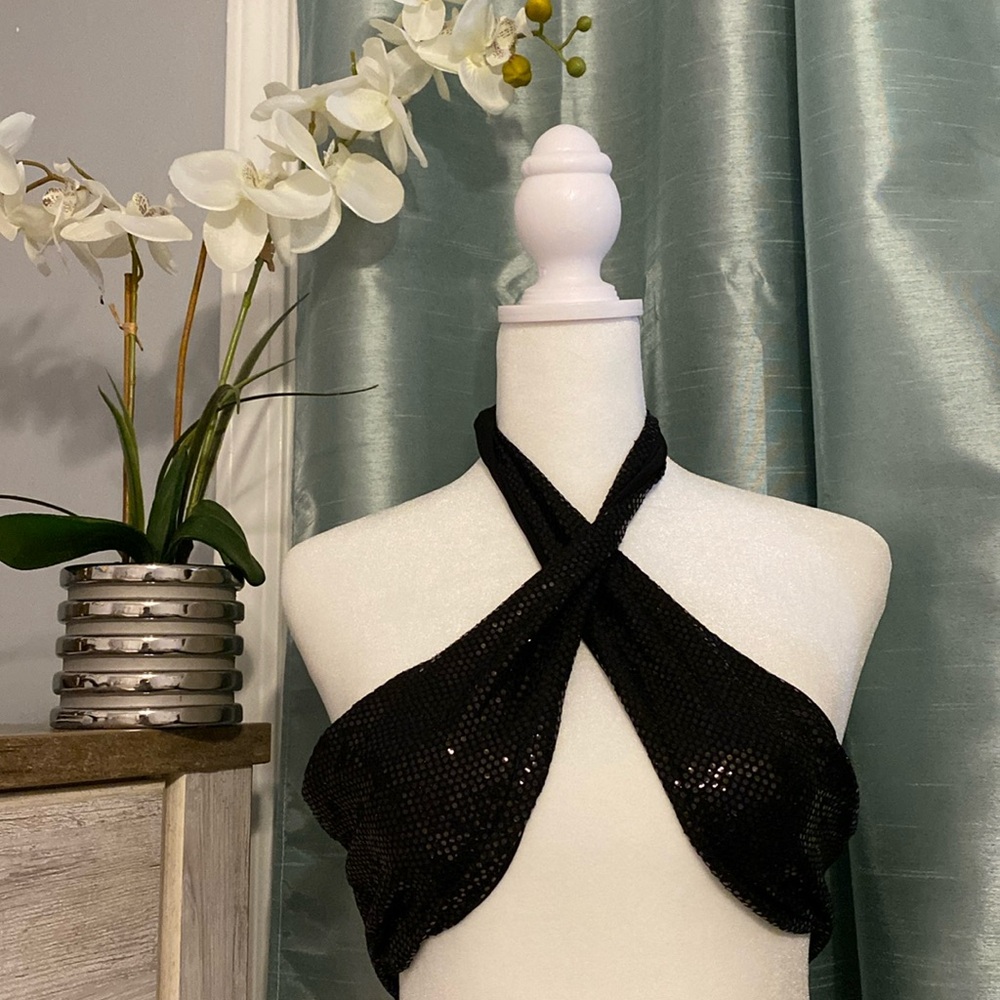 Black Sequin Tie-over top